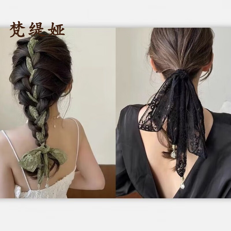 梵緹婭雛菊蕾絲發(fā)帶女綁發(fā)蝴蝶結頭飾扎頭繩超仙飄帶編發(fā)扎頭小領巾長條 【抹茶綠+黑色】蕾絲發(fā)帶