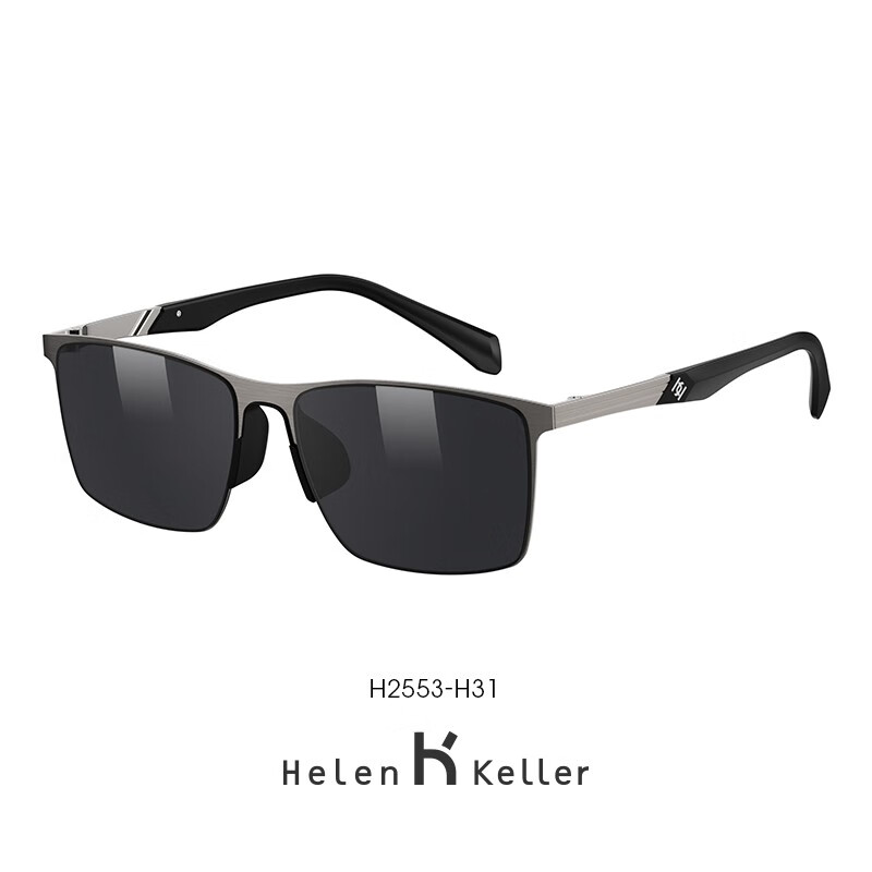 海伦凯勒(HELEN KELLER)【潮搭镜】太阳镜男简约方框墨镜偏光驾驶镜H2553 H32经典蓝绿镜片半光哑黑框