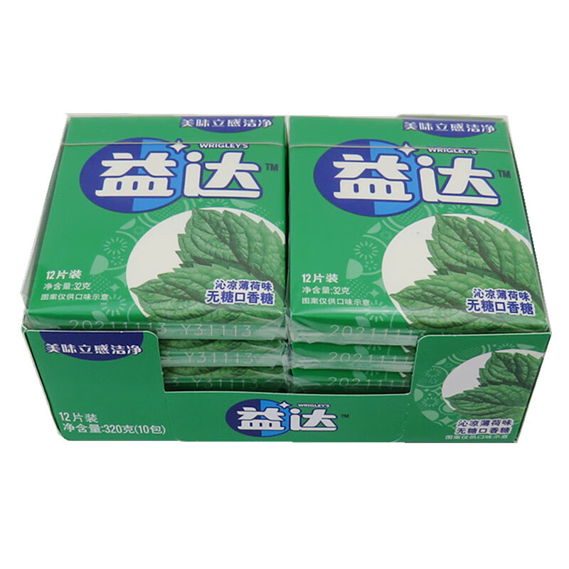 醇无糖口香糖沁凉薄荷味12片x10包盒装口气清新糖果零食 益达薄荷味