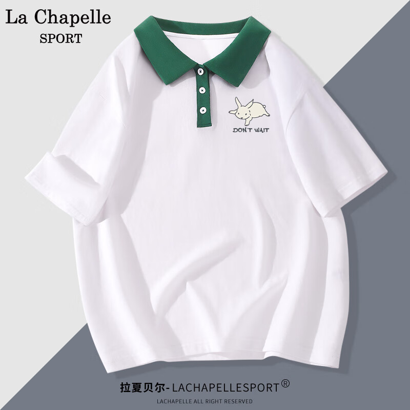 女夏季休闲撞色polo领纯棉打底衫宽松显瘦上衣女 白色(随心而行胸标)