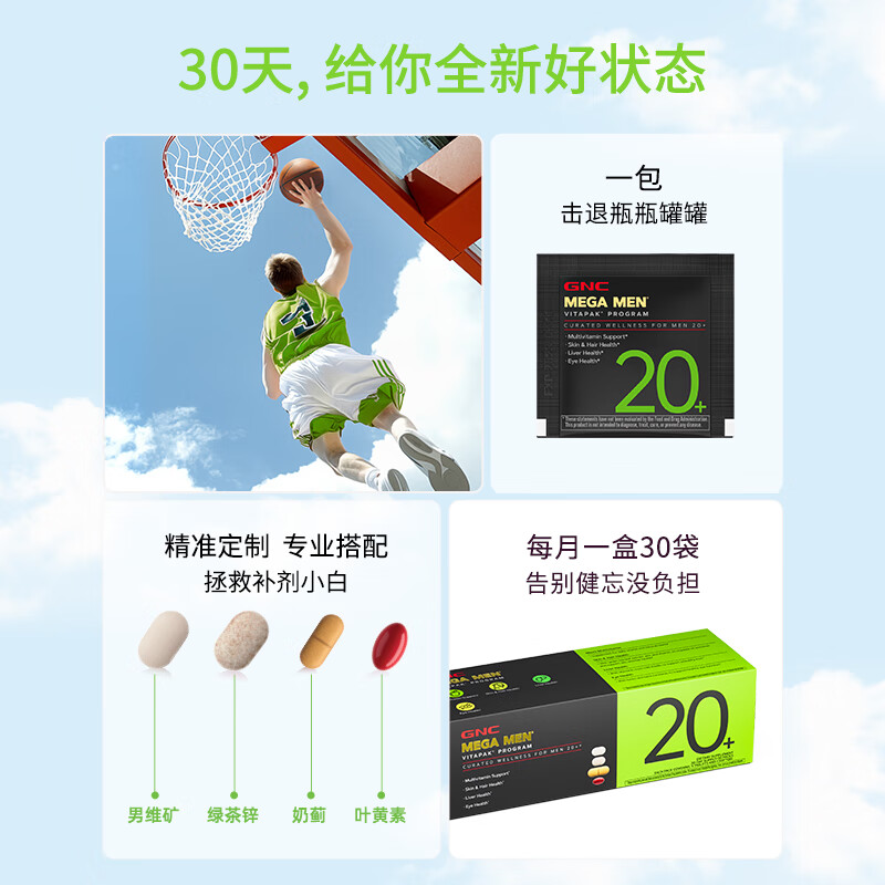 GNC健安喜 男性Vitapak每日营养包男士专属充电包复合维生素花少同款 【20+去油固发】30袋2026/2/28到期