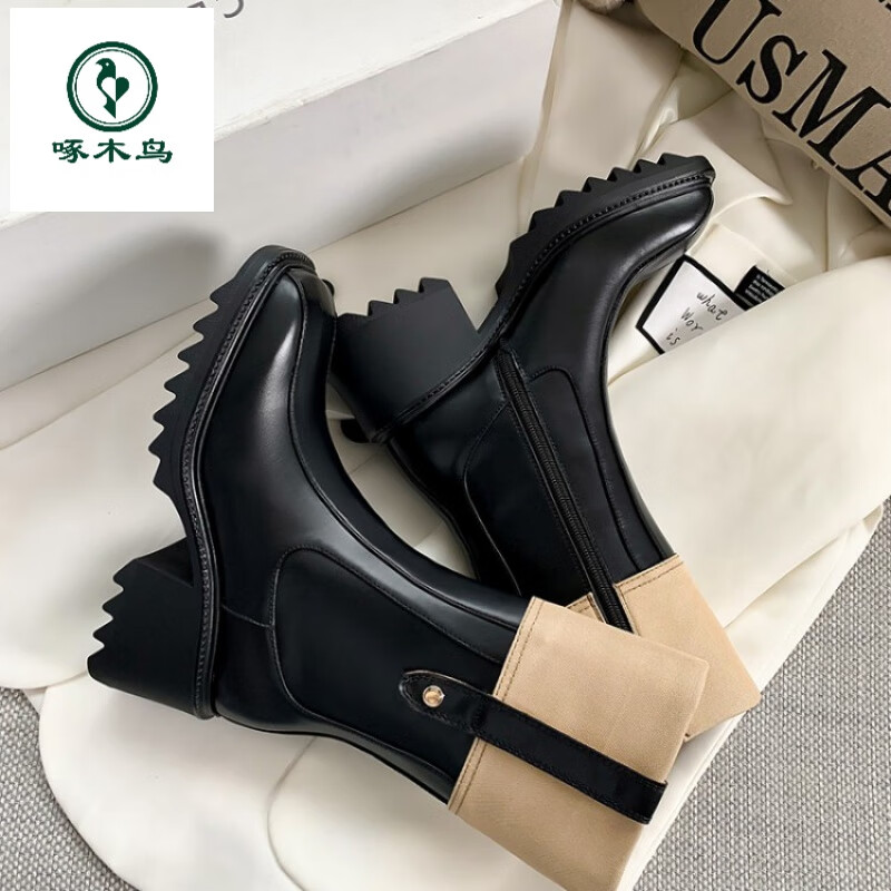 啄木鸟马丁靴女英伦风2025秋冬方头潮搭中筒短靴复古拼色切尔西靴女鞋 黑色 35