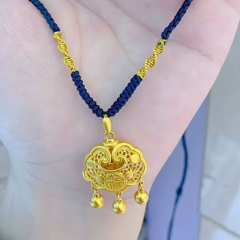 平安锁项链女士黄金长命锁包编织如意吊坠送女友 平安锁 金线编织款