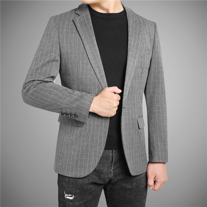 羊毛西服男士休闲小西装青中年修身帅气格子加厚单西男上衣外套 灰色
