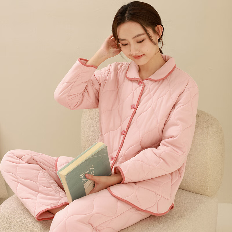 康妮雅(Conlia)厚款睡衣女秋冬長(cháng)袖三層夾棉夾絲輕薄純棉保暖可外穿家居服 單蕊紅 2XL 推薦170-175cm/70-82kg