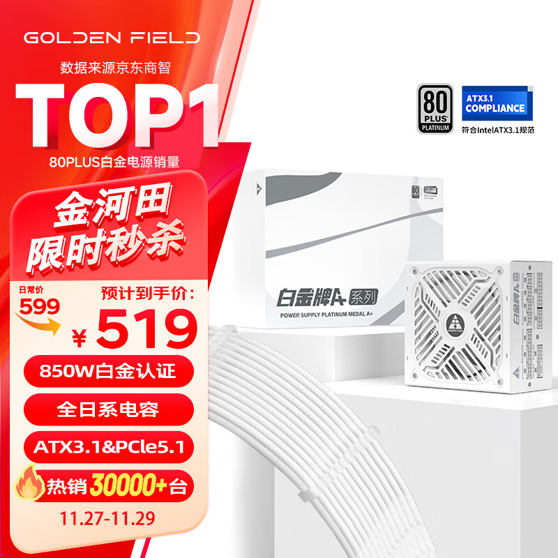 金河田（Golden field）白金A+850W 全白版 ATX3.1电脑电源 白金认证/全日系电解电容+全日系固态电容/压纹线/稳压4080S