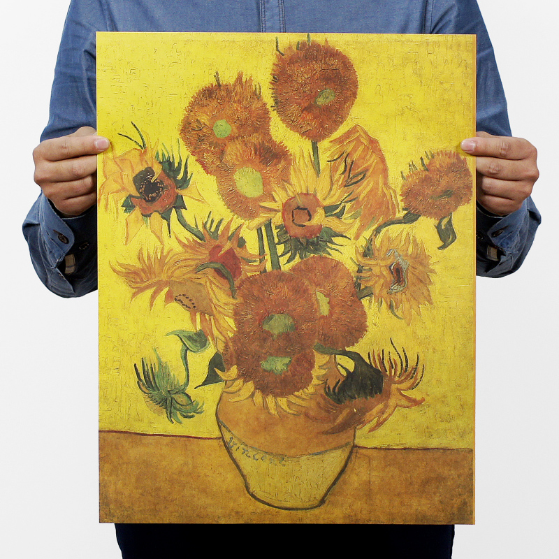 画芯 复古牛皮纸海报装饰画客厅酒吧挂画 e66梵高-向日葵 36*47cm
