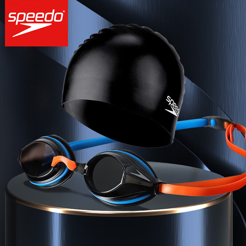 速比濤（Speedo）泳鏡高清防霧游泳眼鏡專(zhuān)業(yè)訓練男女競速游泳鏡泳帽套裝 Salso/泳池藍+黑色硅膠帽  平光