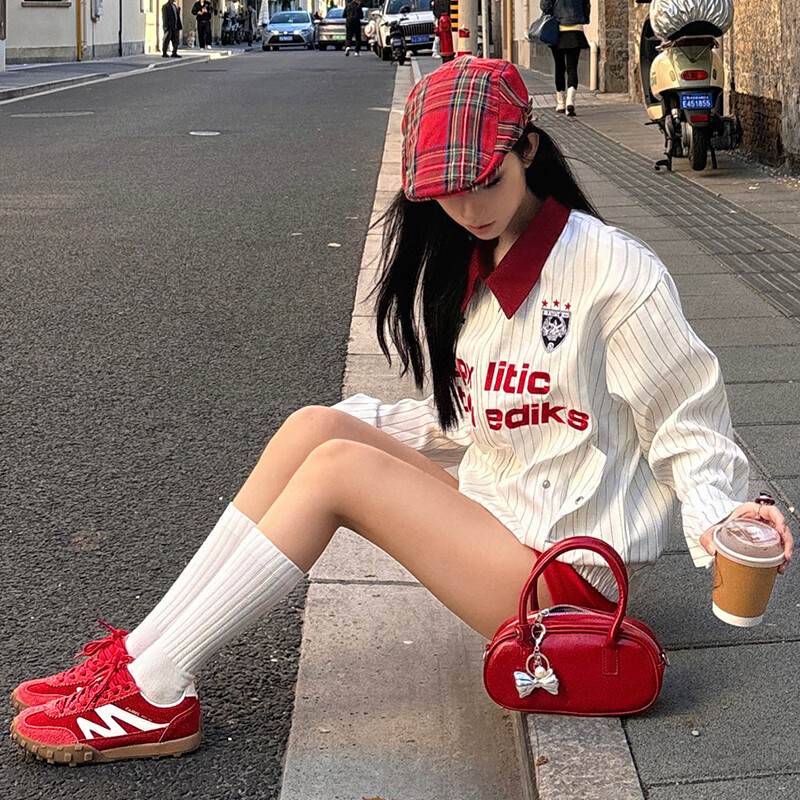 骆驼(CAMEL)情侣穿搭好物德训鞋山海红色黄色复古休闲运动男女防滑板鞋 7606B,正红/象牙白,女 38