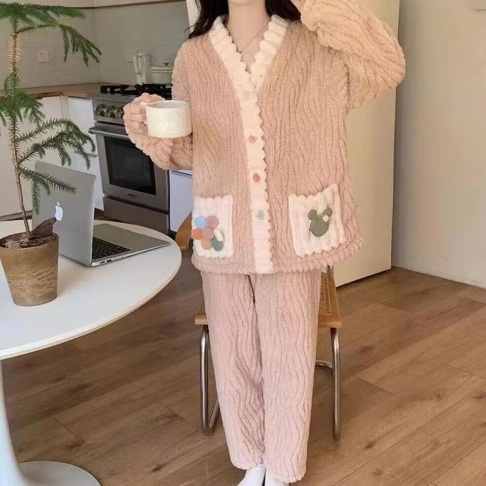有只绵睡衣套装印花秋冬珊瑚绒套装外穿宽松束脚松紧腰懒人睡裤家居服 彩虹-粉色 均码 【适合80-155斤】