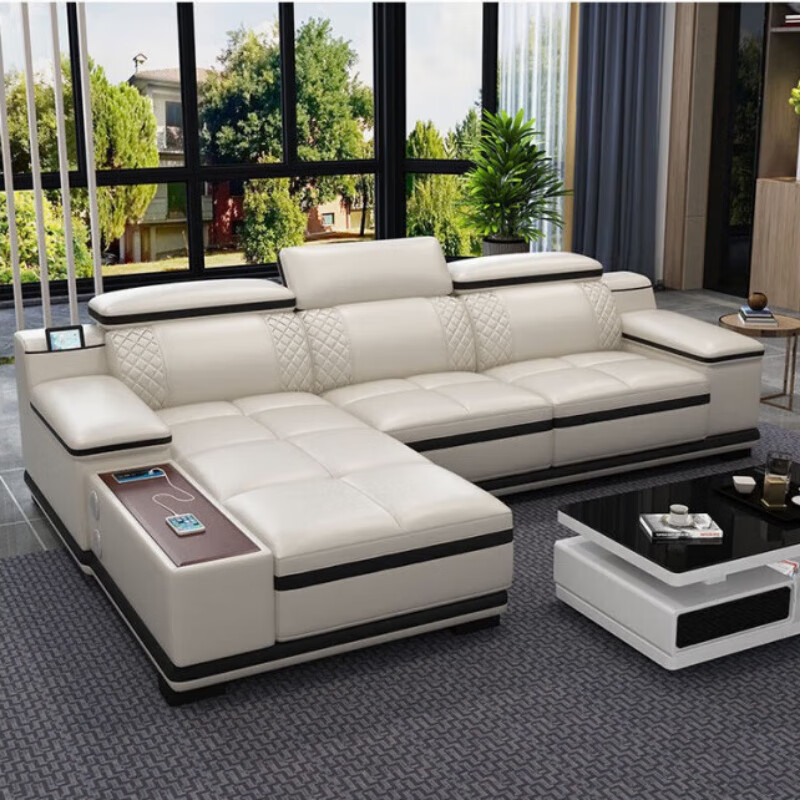 简约典2026新款沙发客厅头层牛皮简约现代大小户型轻奢皮艺贵妃组合沙发 单人+双人+贵妃+边几[中厚皮] 米白色+黑边[沙发左贵妃方向]