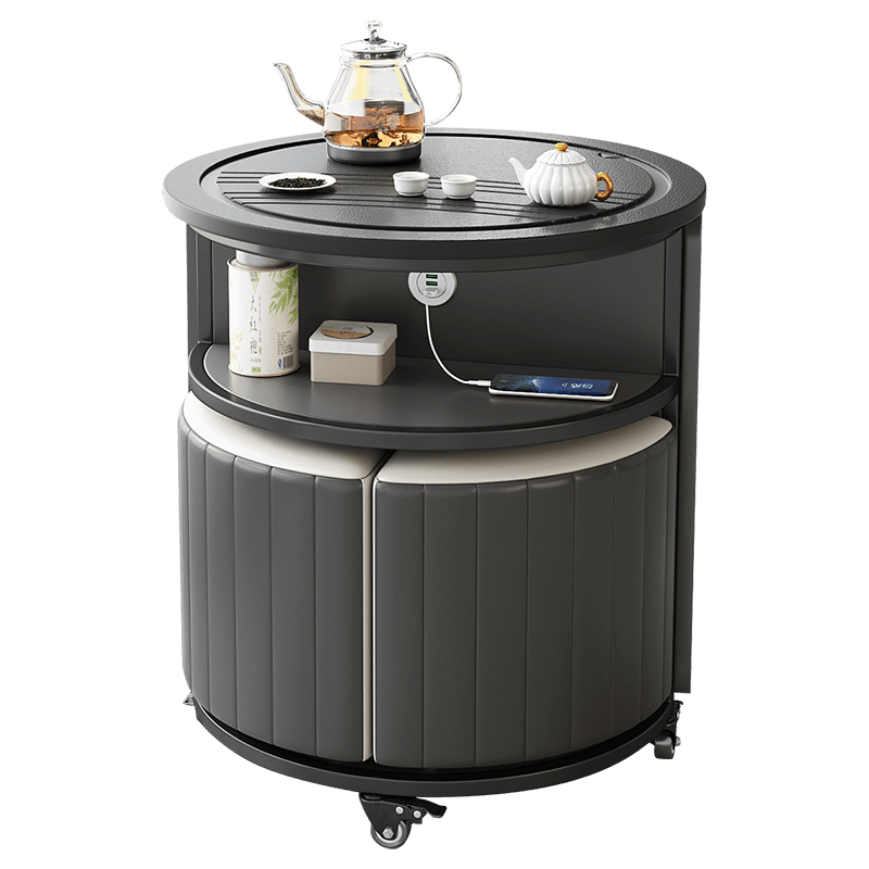 栖梓火烧石功夫茶几茶桌小户型多功能阳台一体式智能茶车茶台茶水柜 移动茶台【配2凳】+茶椅