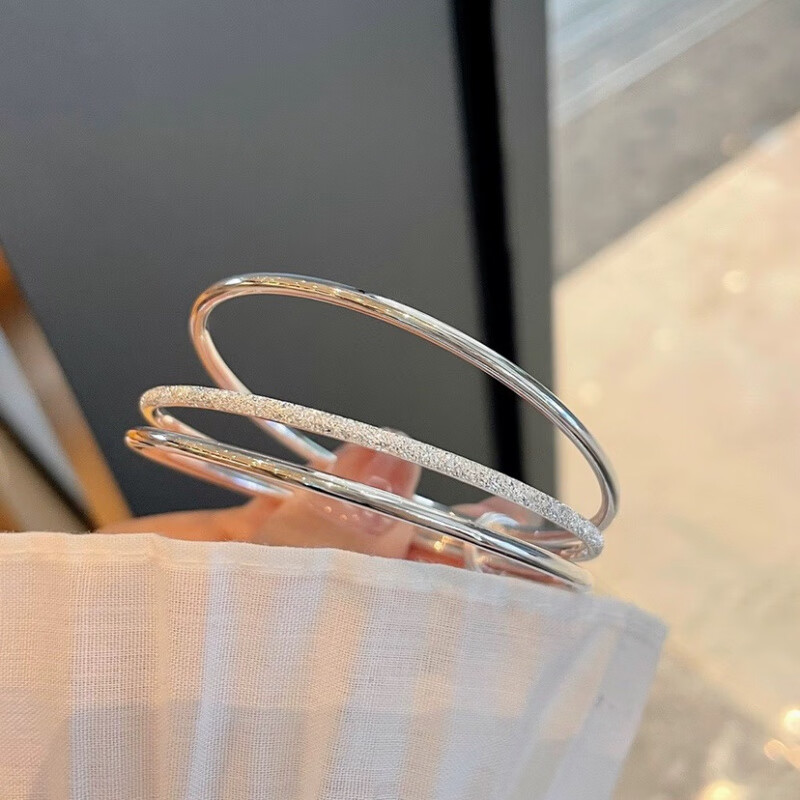 老银匠三生三世纯银手镯女s实心三圈手链送女朋友老婆情人节礼物 双环四叶草 25克 60mm 体重105-1