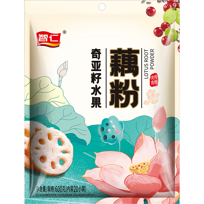 智仁 冰糖百合藕粉 營(yíng)養早餐蓮藕粉 速溶代餐沖泡速食 獨立小袋裝600g 【2袋600g】奇亞籽水果藕粉