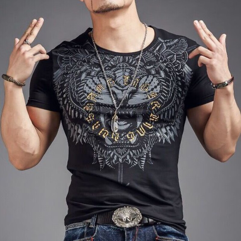 亚永凌潮牌夏季短袖男印花霸气老虎头图案t恤男士修身半袖动物体恤