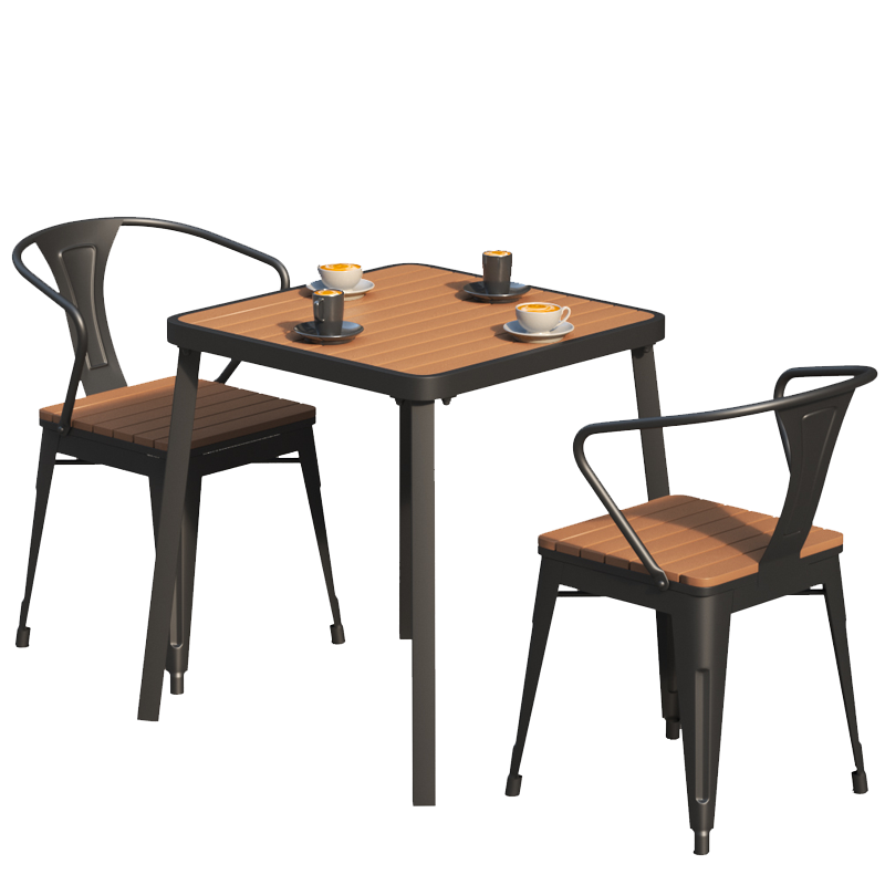 凝企 阳台户外桌椅组合庭院室外铁艺小茶几简约休闲花园休闲椅子三五件套咖啡厅露天公园塑木防腐防雨防晒 【方桌】边长65cm+2张椅子 户外休闲桌椅