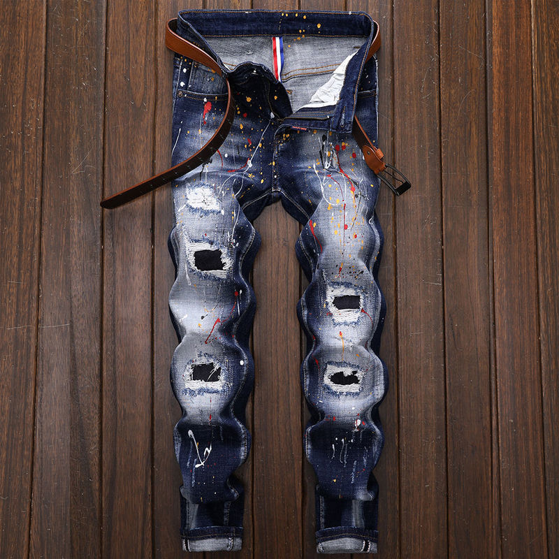 牛仔裤男修身小脚弹力潮牌印花青年油漆长裤 宝蓝色 d05 28【2尺1】