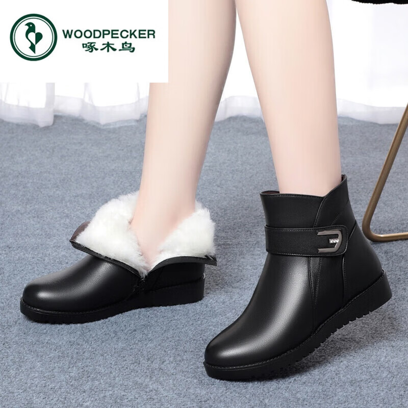 啄木鸟妈妈棉鞋女冬加绒加厚眞皮中老年女棉皮鞋平底皮毛一体短靴女大