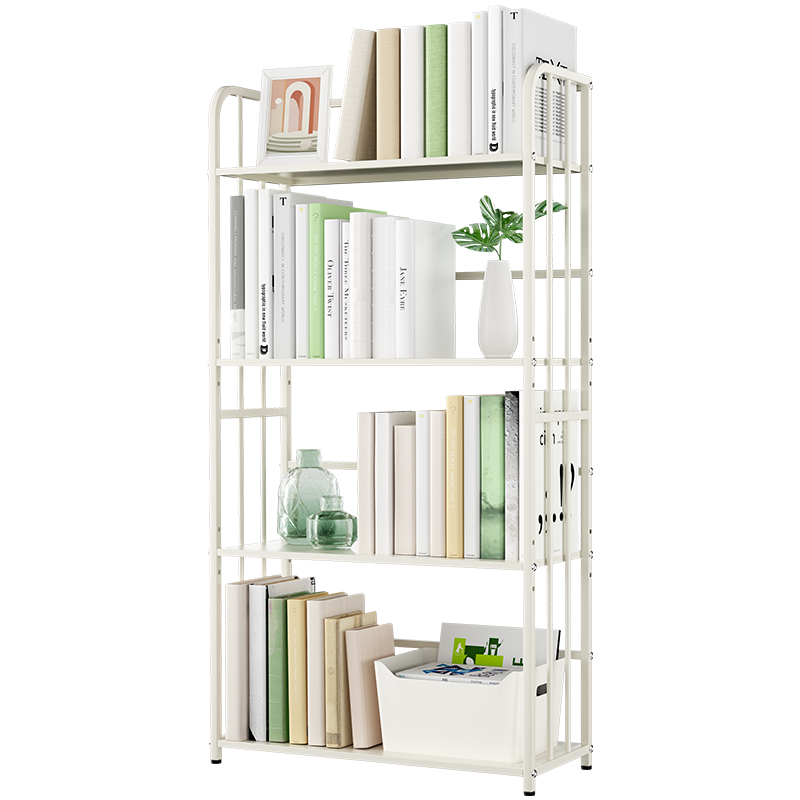 SOFS 书架落地客厅置物架书房书本收纳架钢制铁艺图书馆书架简易学生书橱卧室飘窗床头小书架子 白色/4层