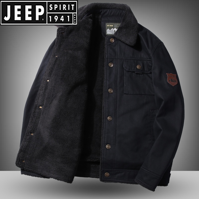 JEEP SPIRIT品牌2025爆款冬季中年羊羔絨棉衣男加絨加厚棉服短款棉襖外套男 黑藍(66修身款) 3XL 150-160(斤)