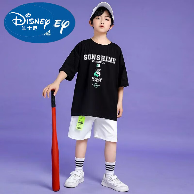 迪士尼（Disney）六一儿童街舞潮服男童嘻哈套装女童爵士舞蹈幼儿园啦啦 男黑T恤+白短裤 110
