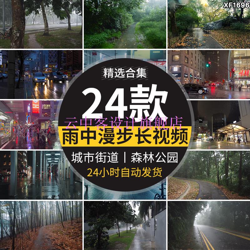城市街道雨夜下雨走拍森林公园雨景雨中漫步行走解压视频素材 标准