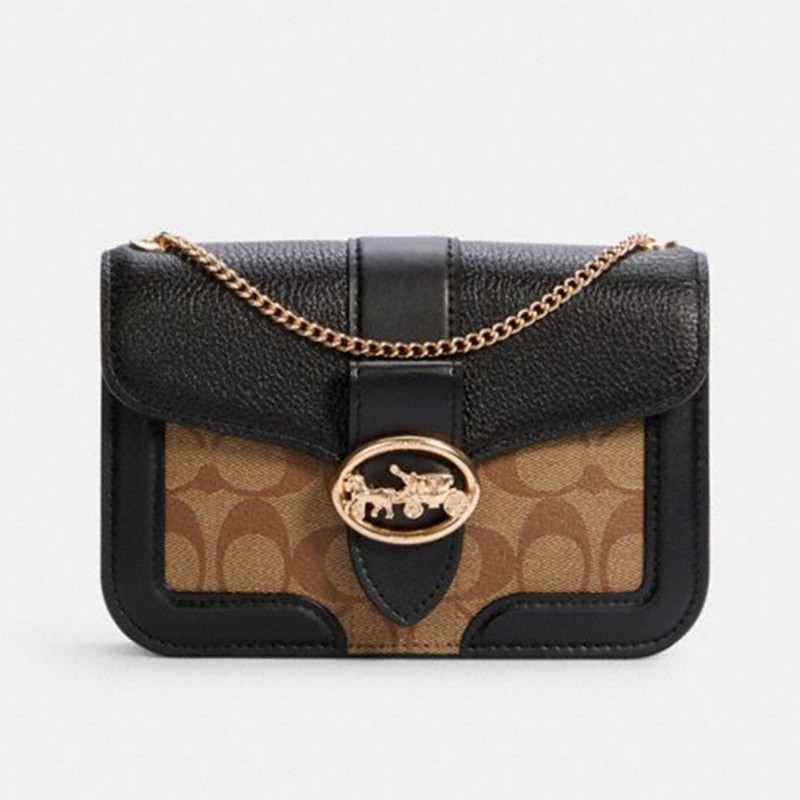 coach 蔻驰 奢侈品 女士经典马车标卡其拼黑色pvc配皮单肩斜挎链条包