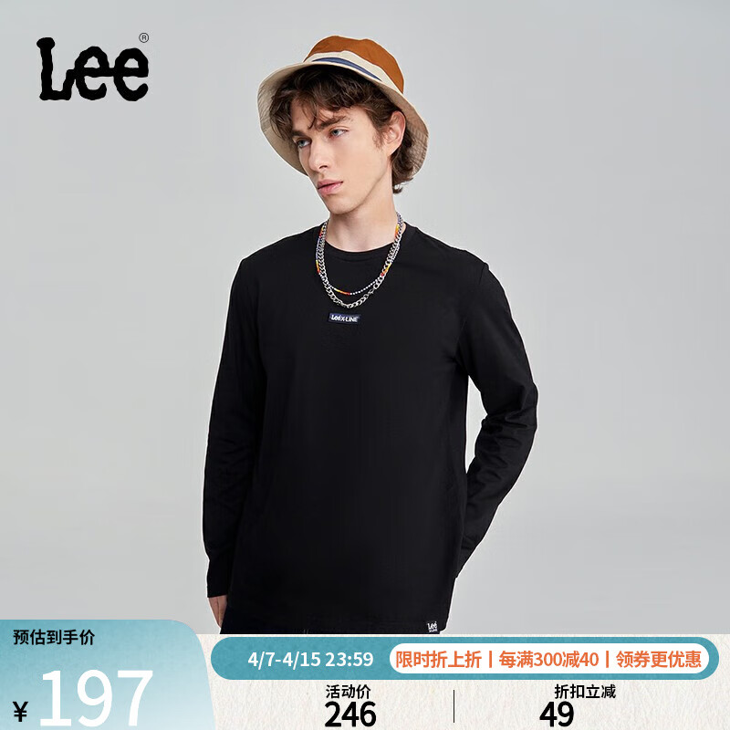 Lee标准版型圆领小logo刺绣男经典色长袖T恤打底衫LMT0070913RX 黑色 XL