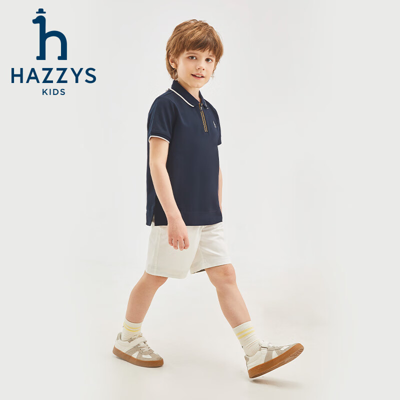 哈吉斯(HAZZYS)品牌童装男童短袖夏季新品柔软弹力经典翻领撞条短袖POLO衫 米白色 165cm