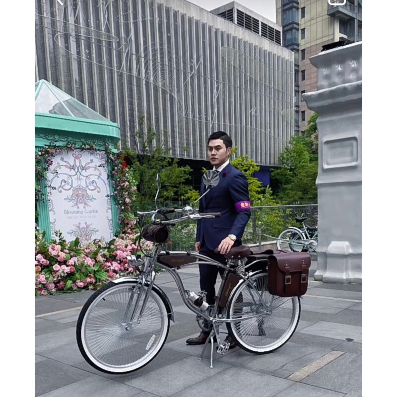 泊威爾復(fù)古自行車英倫老爺車上海城市通勤24-26英寸沙灘成人變速山地男 印第安震高配電鍍銀+后車包《款 7速 x 26英吋