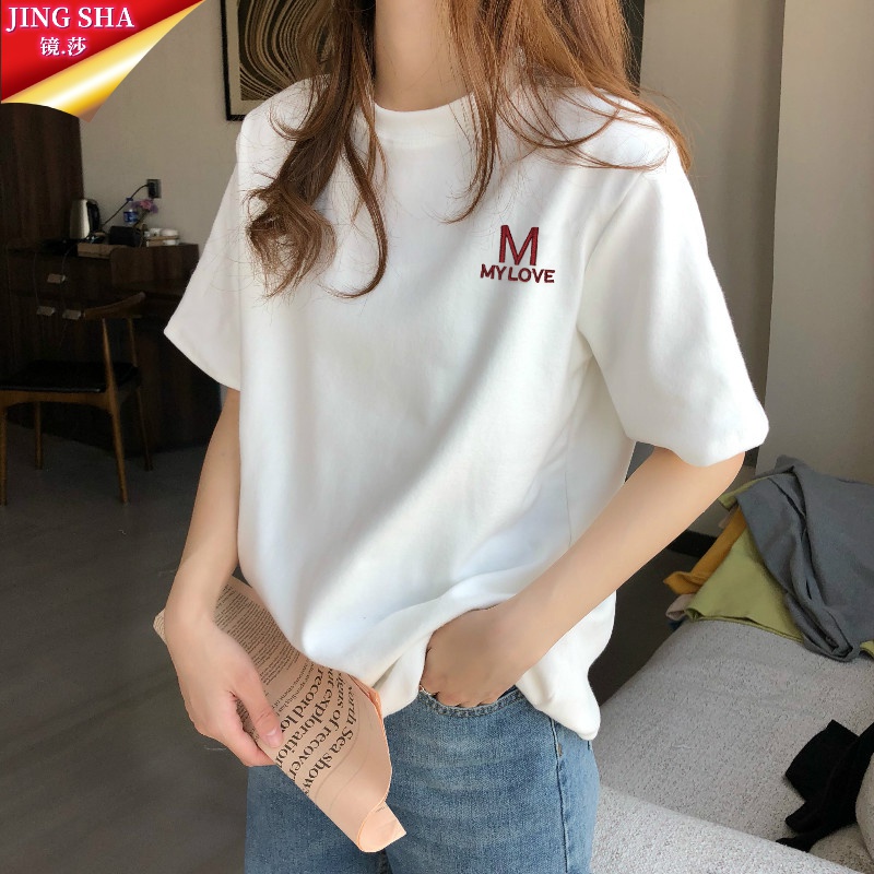 镜莎夏天女生衣服白色短袖宽松t恤女韩版学生ins风新款少女高中初中生