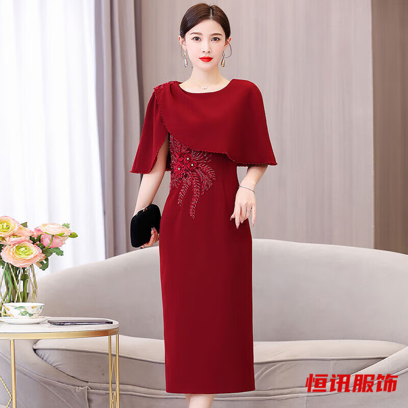 美梵朗夏季新款連衣裙女高貴氣質(zhì)修身喜婆婆婚宴裝結(jié)婚媽媽禮服 酒紅色-成人禮禮服 M -成人禮禮服