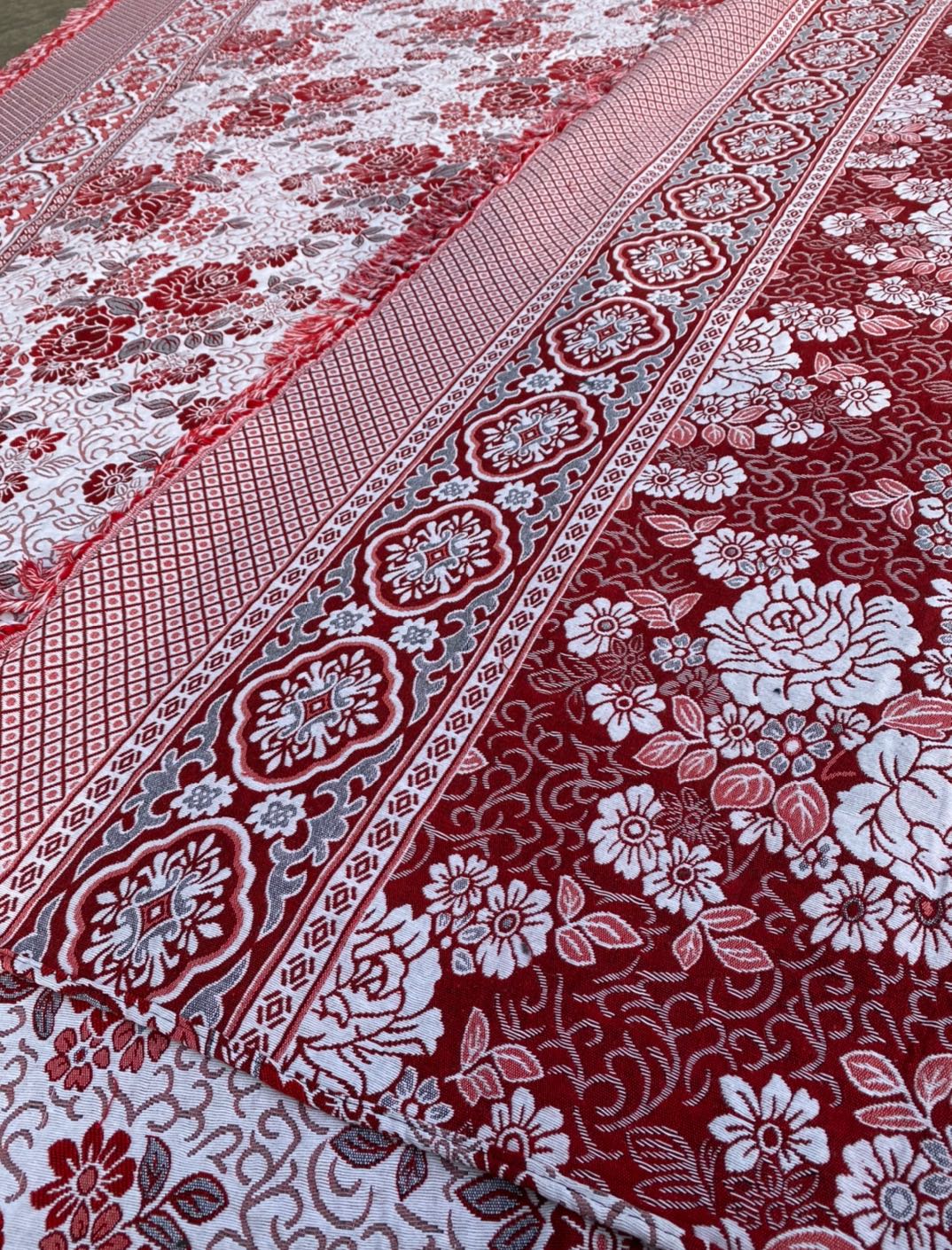 老式线毯纯棉双人床单厚三米炕上单针织特大土炕单沙发l 红色牡丹花