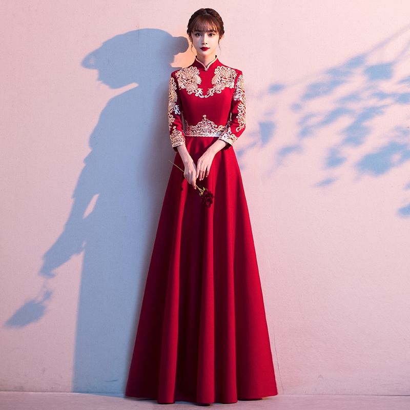 西柏图 敬酒服新娘2021新款春秋季长袖红色长款中式旗袍结婚礼服裙女