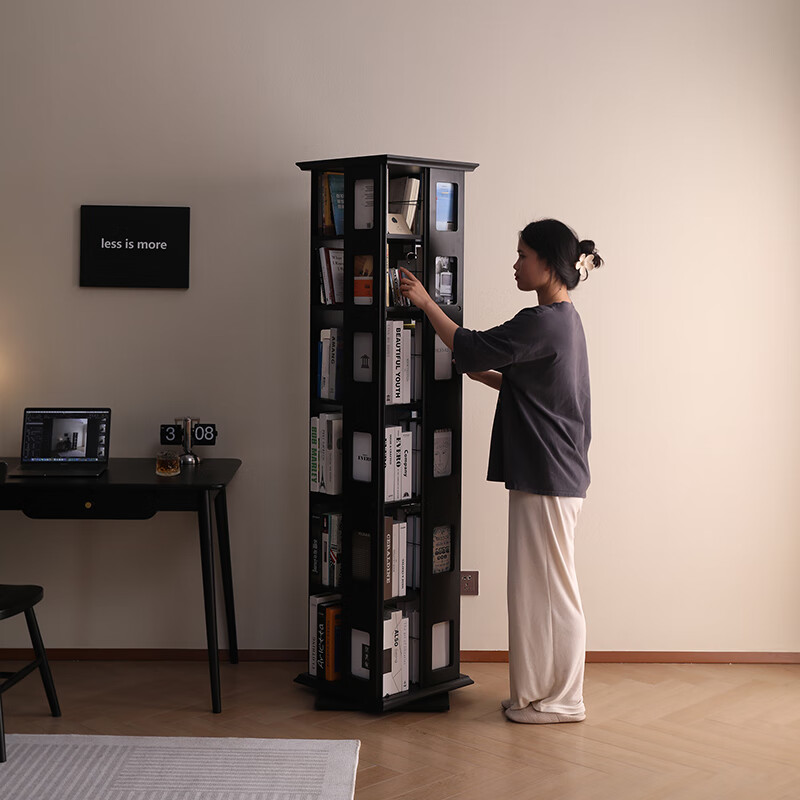 尚品实木书架360度旋转书柜落地式家用小户型学生收纳置物架 黑色 六层款180*44*44cm