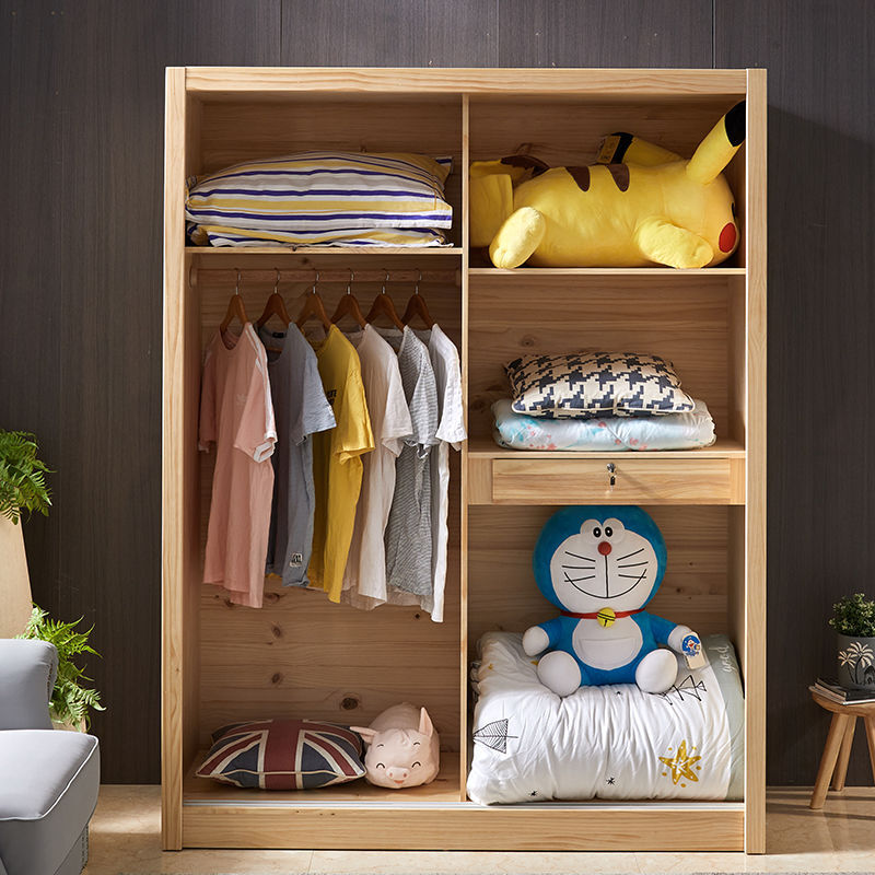 衣柜实木推拉门2门大衣柜卧室移门柜松木衣柜衣柜女公主 80宽*60进深*