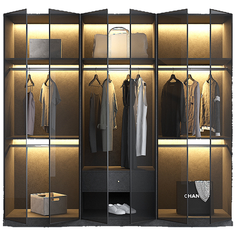 叶氏木语 现代简约玻璃门衣柜LED感应灯实木对开门卧室大衣橱可定制轻奢4门5门6门柜子 两门陨石灰 长80x深60x高200cm 包入户包安装