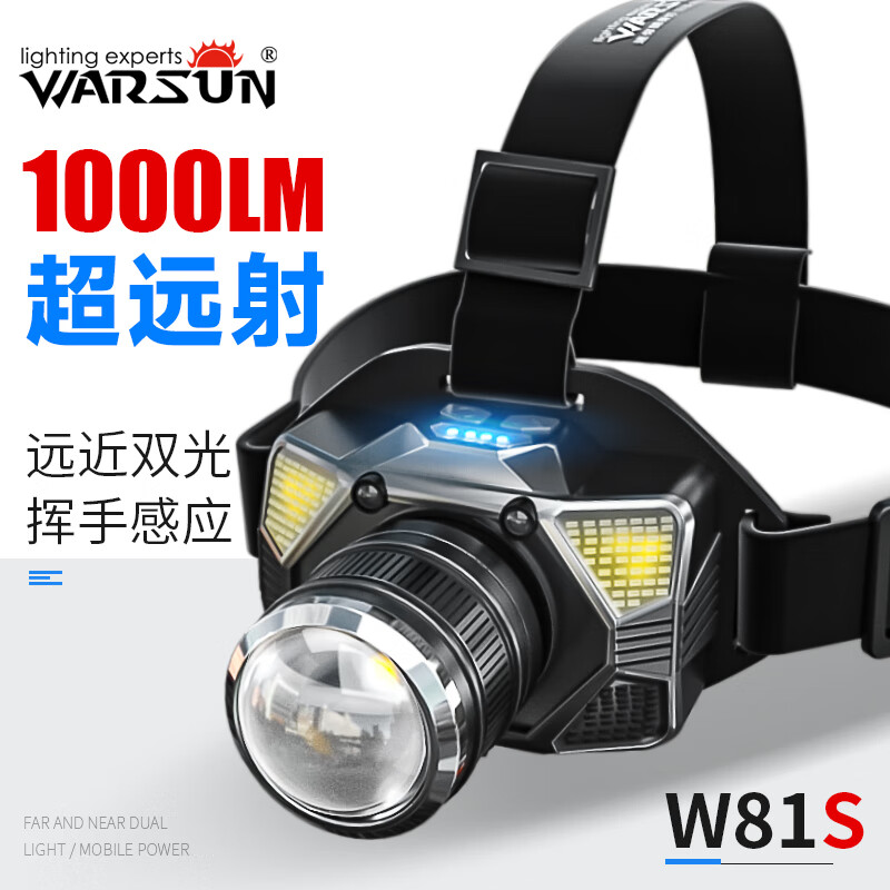 Warsun W81s头灯可变焦感应赶海头戴式强光充电远射防水工作矿灯钓鱼