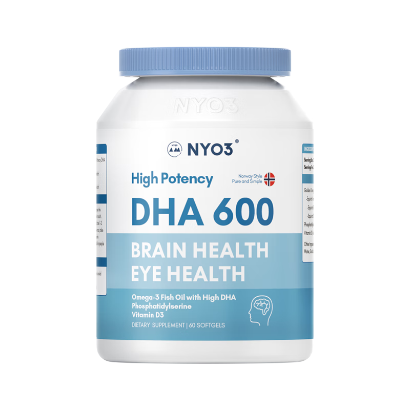 NYO3诺威佳 鱼油DHA高含量600mg学生补脑青少年提高记忆力神经酸磷脂酰丝氨酸成人备考60粒/瓶 海外进口
