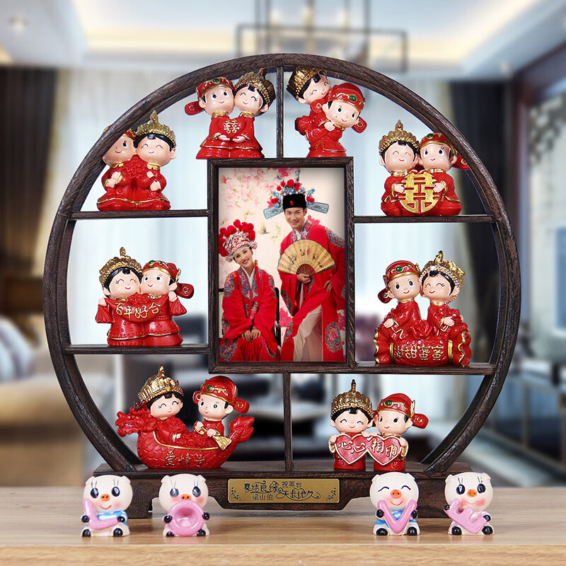 XMSJ结婚新婚礼物送新人姐姐新娘闺蜜创意实用摆件订婚礼品 天天开心+棕色圆架+小猪