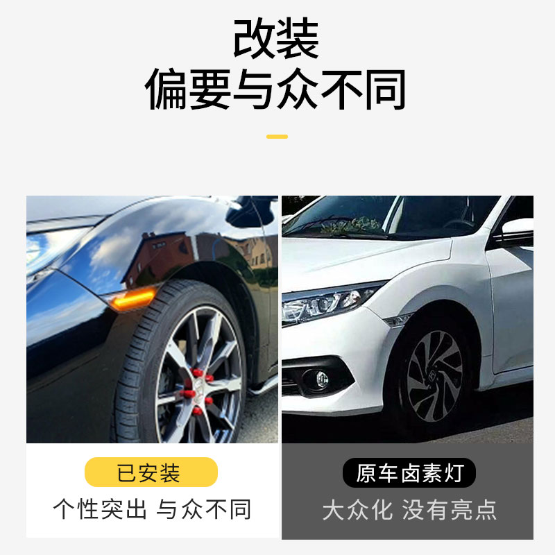 适用于本田16-21款十代思域LED叶子板灯改熏黑翼子板转向灯信号灯黄光 闪烁款烟熏黑LED边灯 两只装