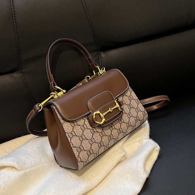 酷奇袋鼠感马鞍包马衔扣手提包1955女包新款洋气老花撞色包斜跨单肩包