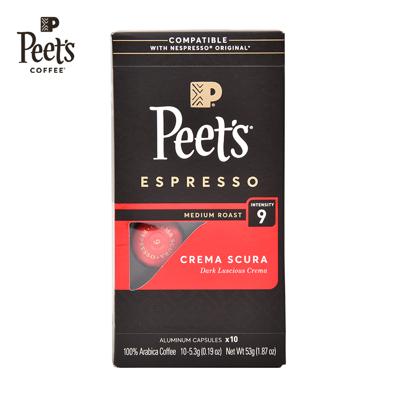 Peet&#039;s Coffee法国原装进口精品胶囊咖啡53g（10*5.3g）peets浓缩黑咖啡 强度9醇黑奶香5.3g 10颗
