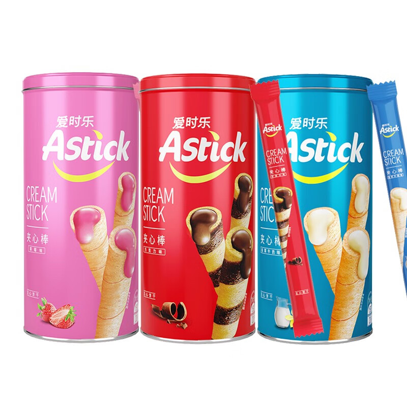 爱时乐（Astick）夹心棒(注心饼干）独立包装 休闲零食小吃蛋卷 巧克力+香草牛奶+草莓150g各一罐