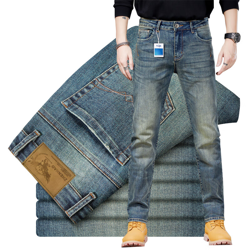 官方牛仔裤男春季复古直筒裤修身男士潮流百搭做旧长裤子男裤 28码
