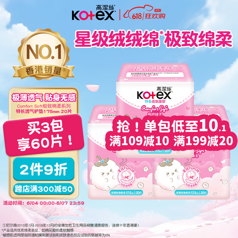 高洁丝（Kotex）极致绵柔超薄透气卫生护垫175mm*20片瞬吸姨妈巾卫生巾 港版