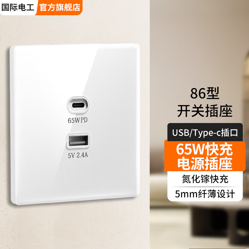 国际电工PC快充面板插座86型氮化镓65W大功率USB+TypeC电源笔记本电脑插座 白色65W快充USB+C【PC面板】