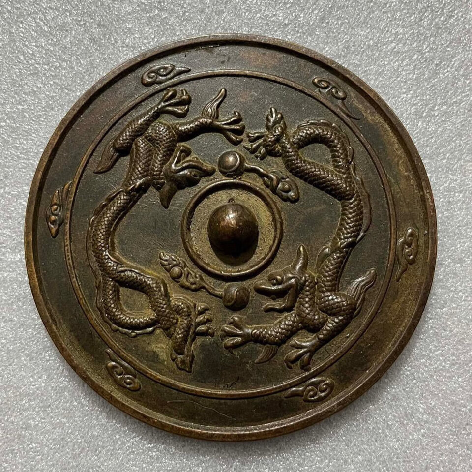 神至銅鏡 二龍戲珠銅鏡老銅器工藝擺件 古玩雜項收藏SN9853