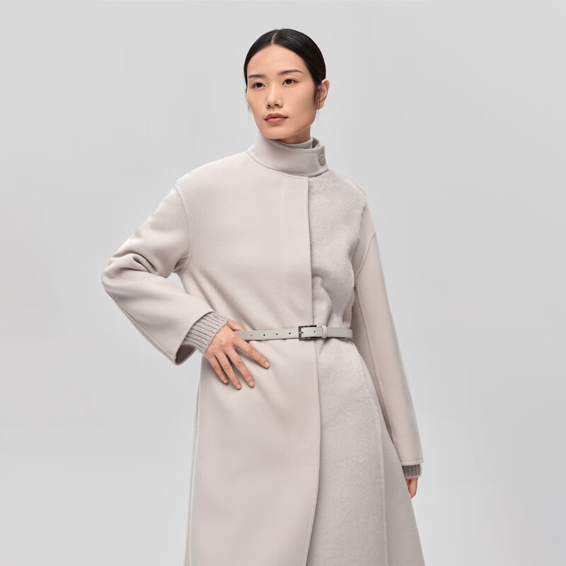 OVV2023秋冬新款女装羊毛双面呢拼环保皮草配腰带长款大衣 浅灰（净色）C0 M