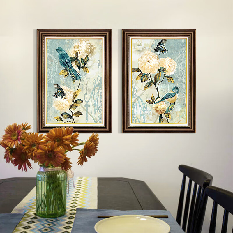 润派餐厅装饰画美式花鸟餐桌墙面装饰壁画复古墙画欧式饭厅挂画卧室画